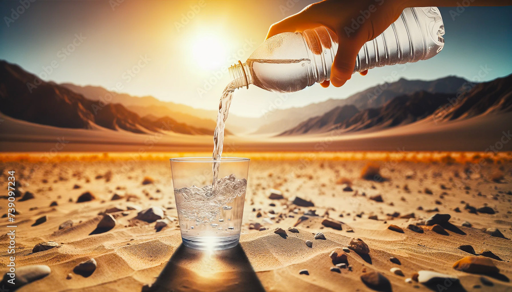 Pouring clean drinking water on a dry, desolate planet, abstract image. Power of water and climate change concept - obrazy, fototapety, plakaty 