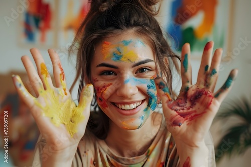 Joyful Young Woman with Hands Covered in Paint