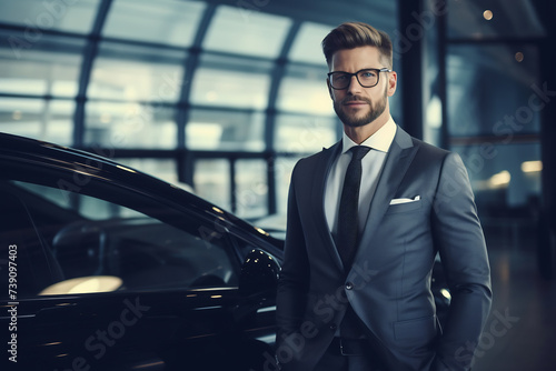 Elegant Businessman in Stylish Suit Posing Next to Luxury Car. Urban Success and Lifestyle © AspctStyle