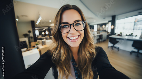 Upbeat Professional Woman with Glasses Taking a Selfie in a Collaborative Office Space. Engaging Work Culture