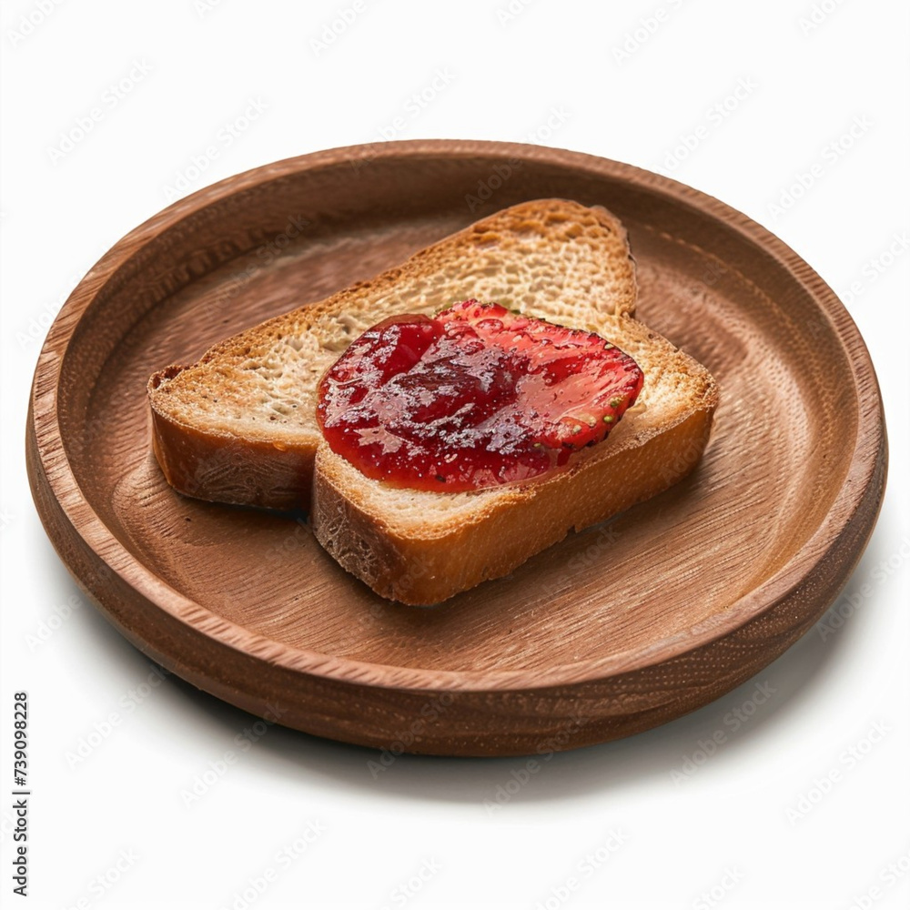 Slice of bread with strawberry jam on wooden plate. Slice of bread with strawberry jam on wooden plate.