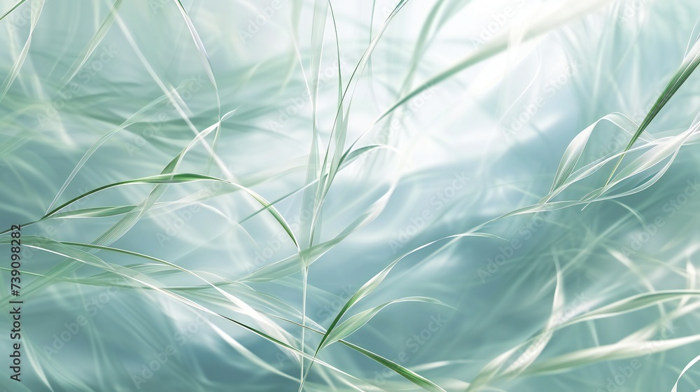 Sedge grass and muhly grass blend in calming fluid dance, gentle greens and soothing blues in a tranquil symphony. - obrazy, fototapety, plakaty 