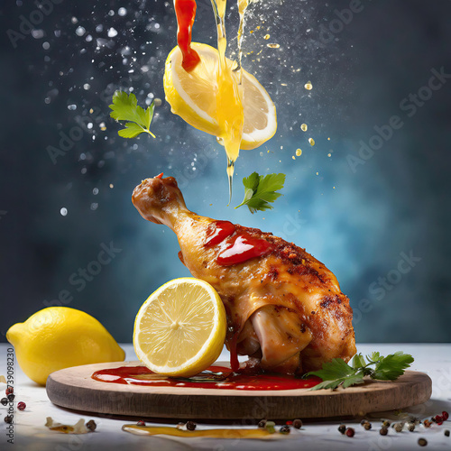 Advertisement food photography splash of lemon juice on chicken drum steak, bright colors, Generated AI