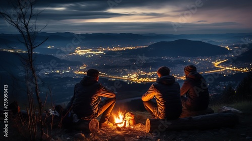 Friends hikers sitting on a bench made of logs and watching fire together beside camp and tents in the night. On the background beautiful starry sky, mountains and luminous town. Rear view