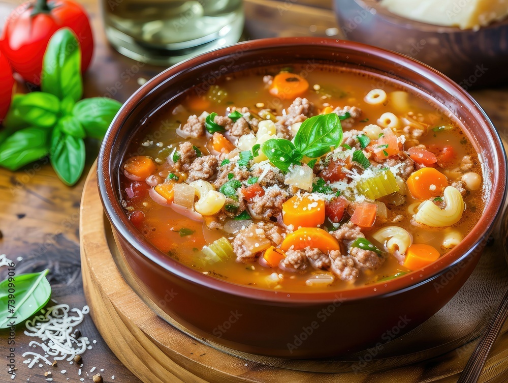 Italian minestrone soup in a brown terracotta soup bowl. Italian minestrone soup in a brown terracotta soup bowl.