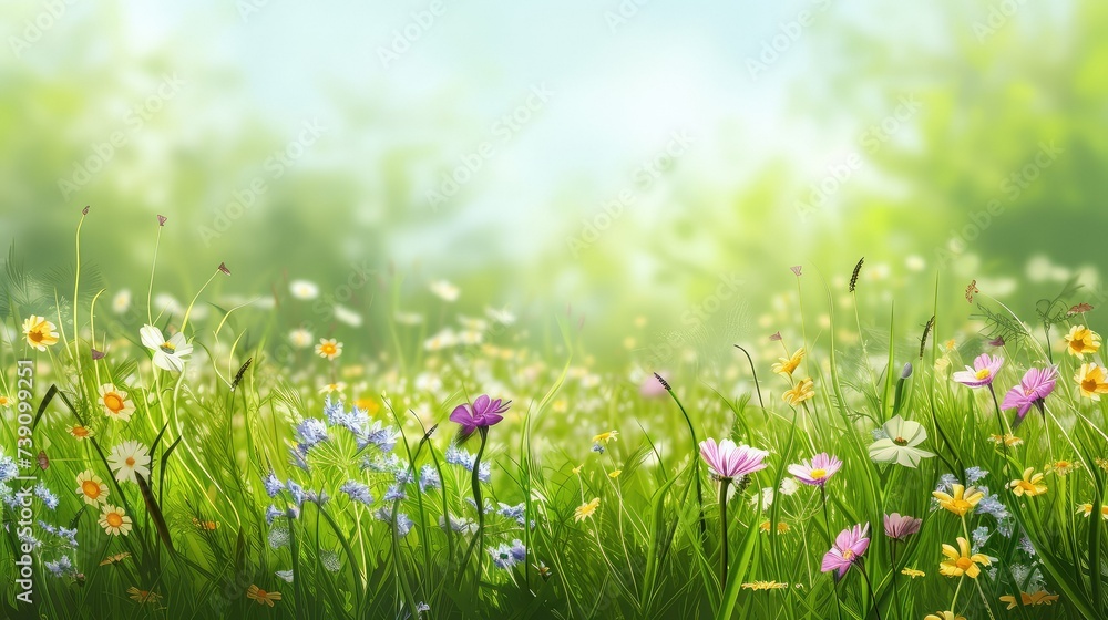 Spring meadow scene on the lower half, leaving upper half blank for text. Spring meadow scene on the lower half, leaving upper half blank for text.