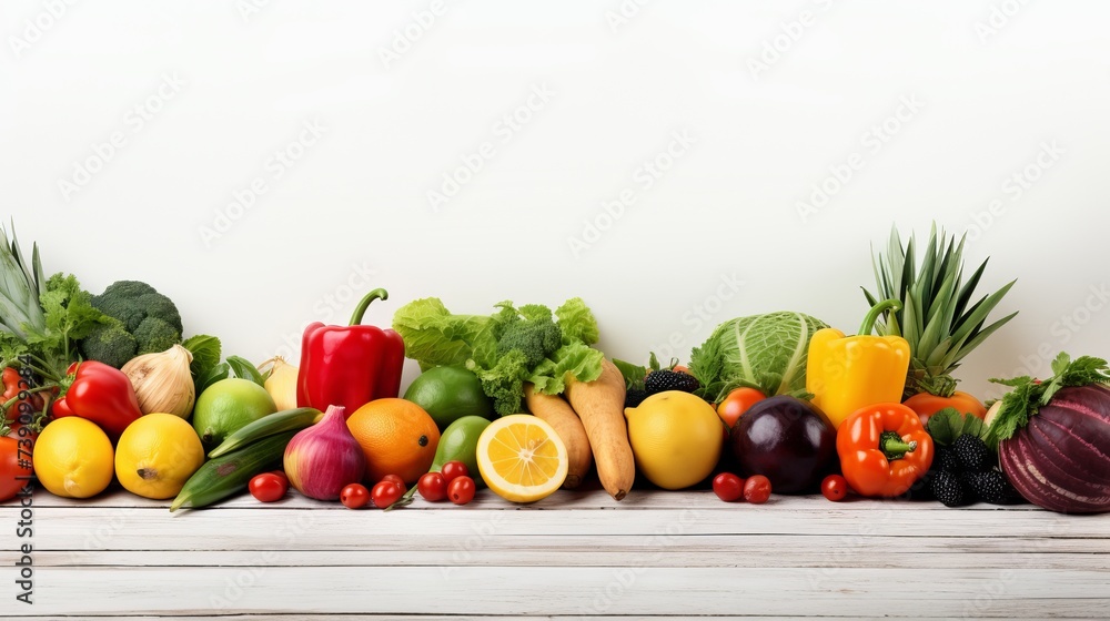 Healthy food background. Studio photo of different fruits and vegetables on white wooden table. High resolution product Healthy food background. Studio photo of different fruits and vegetables on white wooden table. High resolution product