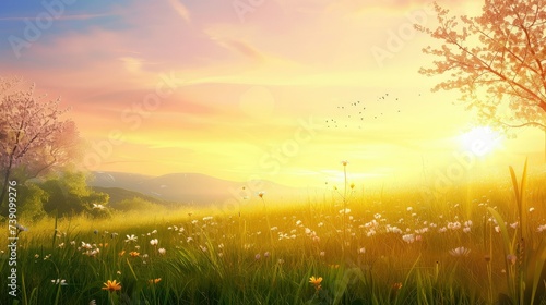 Spring sunrise scene on the lower part, transitioning to blank space for text.