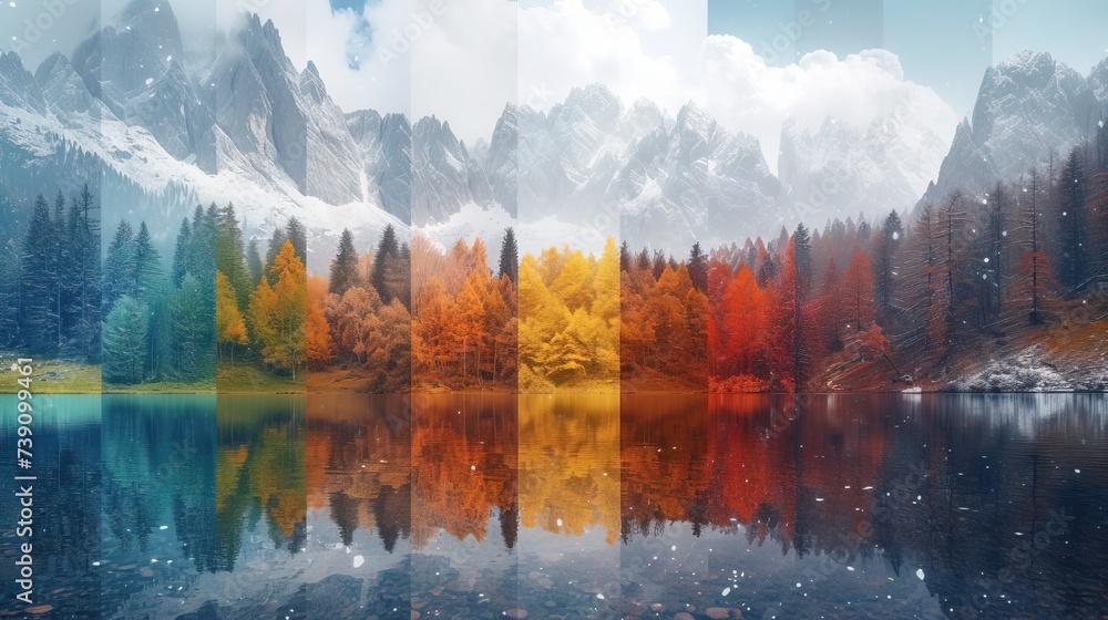 A breathtaking painting of a serene lake reflecting the vibrant colors of snow-capped mountains, surrounded by a majestic landscape with clear blue skies and fluffy white clouds