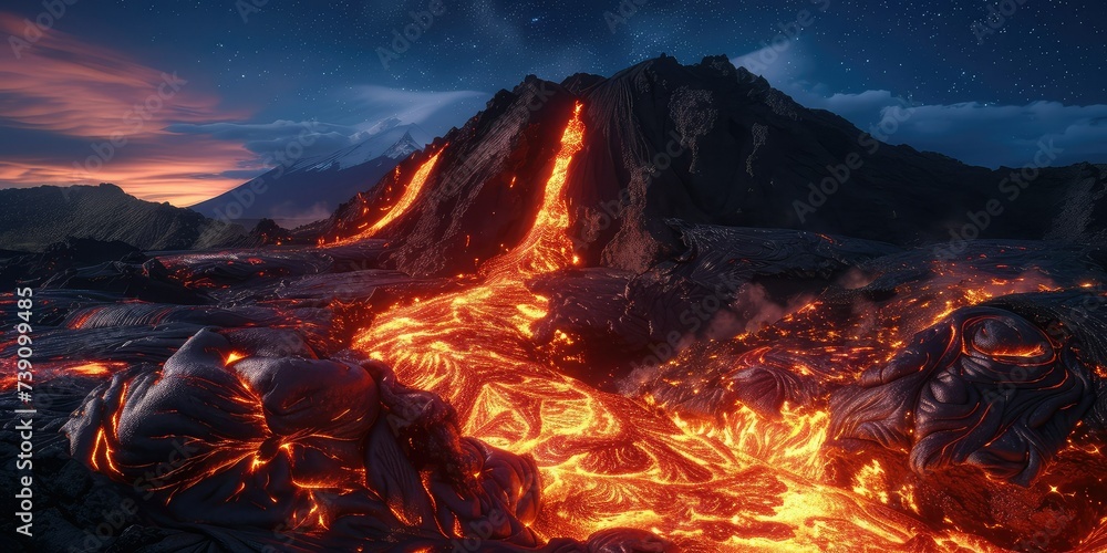 Volcanic Marvels: Lava Flow Illuminating the Night Sky Over a Volcano. Volcanic Marvels: Lava Flow Illuminating the Night Sky Over a Volcano.