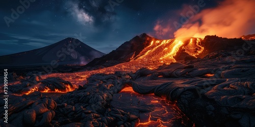 Volcanic Marvels: Lava Flow Illuminating the Night Sky Over a Volcano.