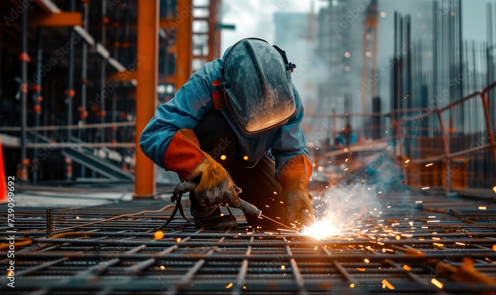 Workers is welding metal pole or net parts for bulding house. Welding detail concept Workers is welding metal pole or net parts for bulding house. Welding detail concept