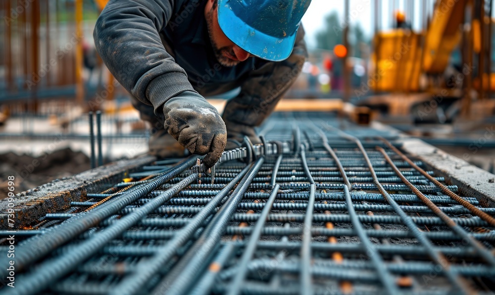 Workers is welding metal pole or net parts for bulding house. Welding detail concept Workers is welding metal pole or net parts for bulding house. Welding detail concept