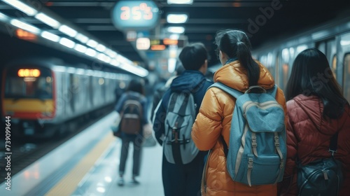 Young Chinese people in China wait wearily for the subway with briefcases on their backs.