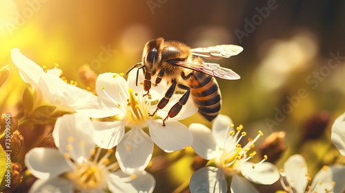 Honey bee pollinate yellow flower in the spring meadow. Seasonal natural scene. Beauty photo filter photo
