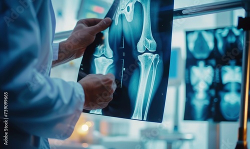 Doctor examine patient's joint x-ray scan. Radiologists holding and analysing the MRI image.