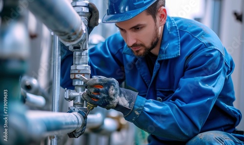 Plumber in blue suit checking or fixing water tubes in heating system in technician room