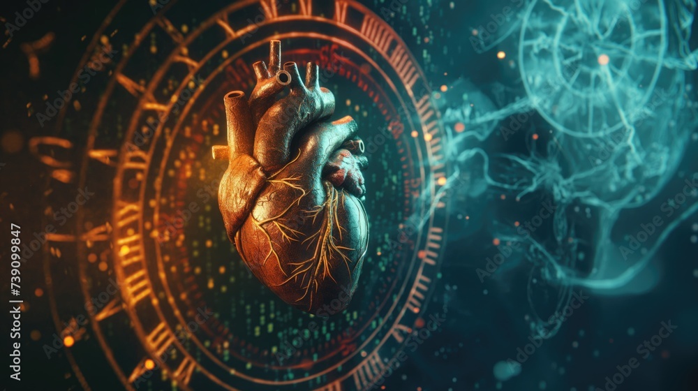 Futuristic Neon Heart Illustration Over Cybernetic Network Background in Medical Technology Concept