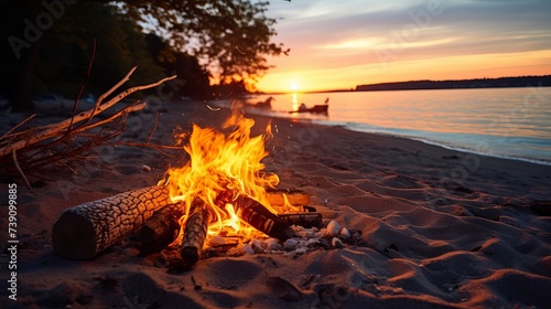 Inviting campfire on the beach during the summer, bring back fond memories.  Fun and good times at the lake photo