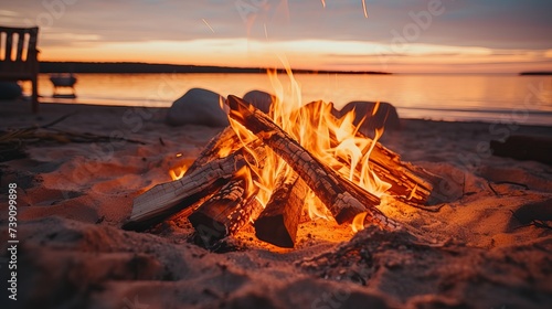 Fotografiet Inviting campfire on the beach during the summer, bring back fond memories