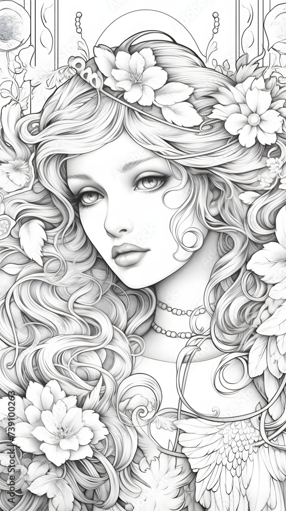 大人の塗り絵、女神や女性の天使の線画イラスト 大人の塗り絵、女神や女性の天使の線画イラスト