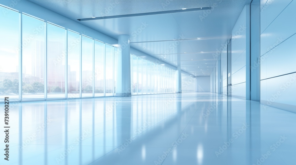 blue blurred background image of a spacious office or mall hallway