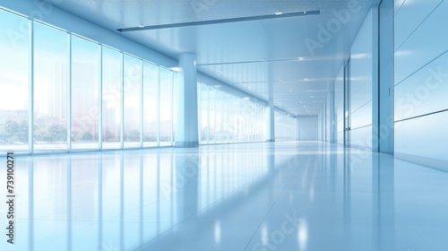 blue blurred background image of a spacious office or mall hallway