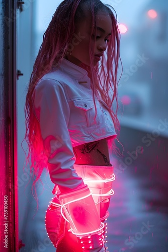 A woman with pink hair and clothing stands in front of a pink sky with pink clouds, holding a pink umbrella and looking directly at the camera with a pink expression. photo