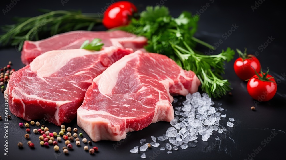 Pieces of pork meat with parsley, purple onion rings and tomato, raw fresh steaks concept. Sea salt, spices, spring green background, water drops, flat lay, top view Pieces of pork meat with parsley, purple onion rings and tomato, raw fresh steaks concept. Sea salt, spices, spring green background, water drops, flat lay, top view