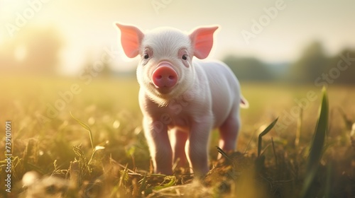 Pig cute newborn standing on a grass lawn. concept of biological , animal health , friendship , love of nature . vegan and vegetarian style . respect for nature photo