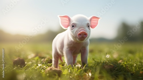 Pig cute newborn standing on a grass lawn. concept of biological , animal health , friendship , love of nature . vegan and vegetarian style . respect for nature