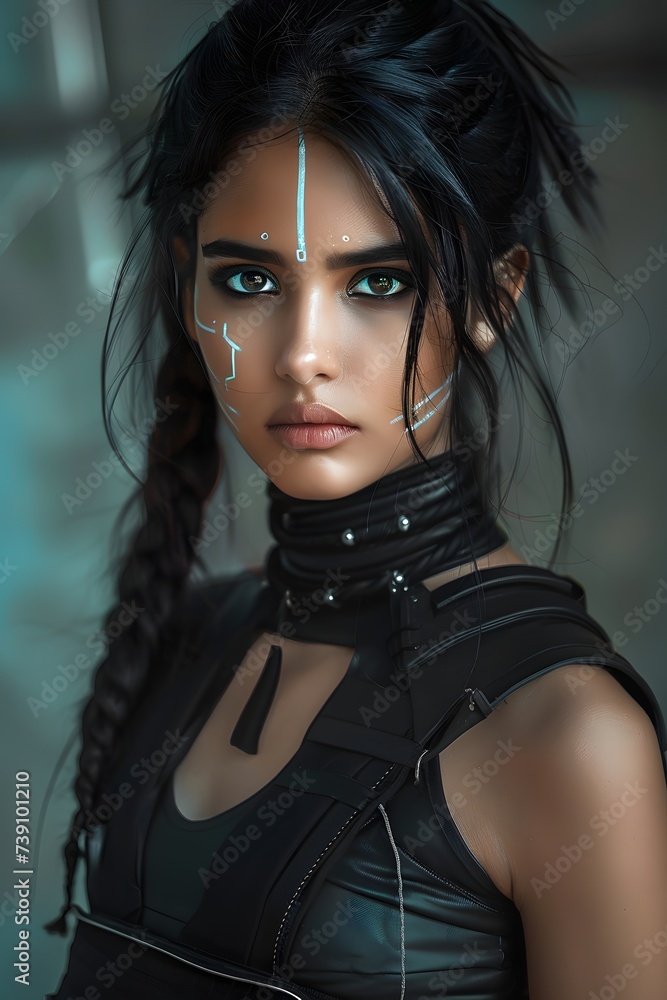 Cyberpunk hacker woman standing in leather on a city street
Cyberpunk hacker woman standing in leather on a city street