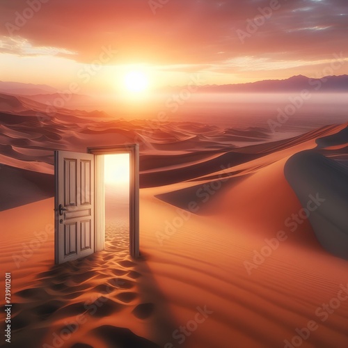 Surreal image of open door on sand dune in middle of the desert at sunset.