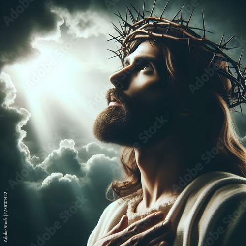 Jesus Christ wearing a crown of thorns is looking up towards God and Heaven.