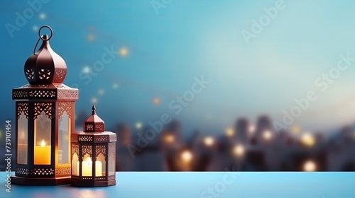 Ramadan and Eid al fitr concept 2024 backgrounds dates with Turkish traditional lantern Light Lamp and Tasbeeh, light blue colour Iftar theme image, Ramadan Kareem Mubarak 3d background