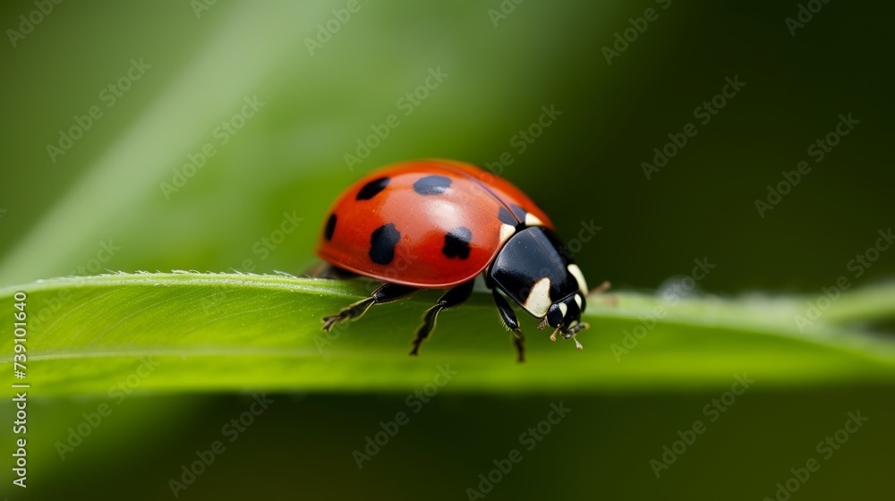 Red ladybug on a green leaf in the grass, close-up blurred