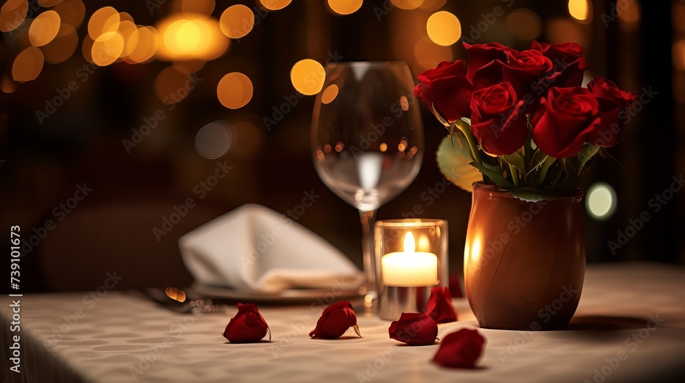 Romantic dinner setup, red decoration with candle light in a restaurant. Selective focus
