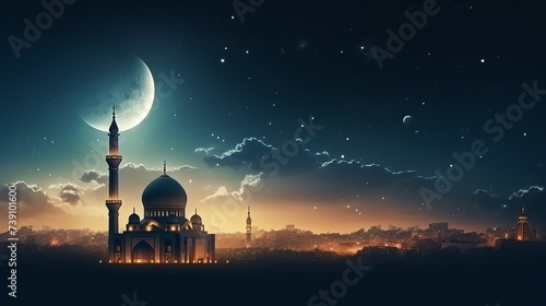 Ramadan Kareem background.Crescent moon at a top of a mosque photo
