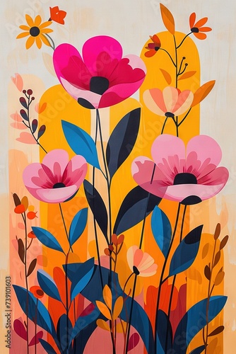 A colorful flower design on a beige background. A vibrant and whimsical painting of a coquelicot flower  drawn by a child  on a neutral beige backdrop