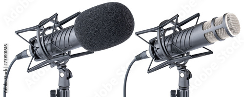 Microphone. Professional dynamic or condenser microphone. Radio broadcasting or podcast microphone with shock or anti vibration mount on stand. Mic with windshield. Recording voice, music or song