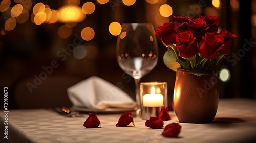Romantic dinner setup  red decoration with candle light in a restaurant. Selective focus