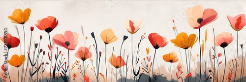 A colorful flower design on a beige background. A vibrant and whimsical painting of a coquelicot flower, drawn by a child, on a neutral beige backdrop