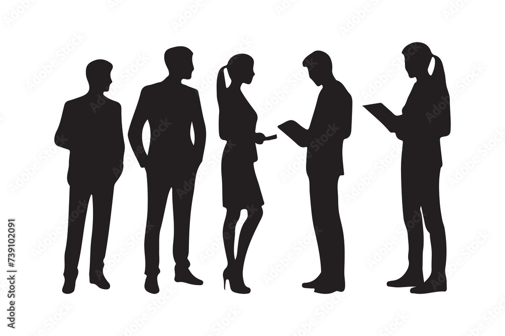Four silhouettes of men and women in suits and ties stand in a row. Set of business people silhouette. man and woman team, on white background