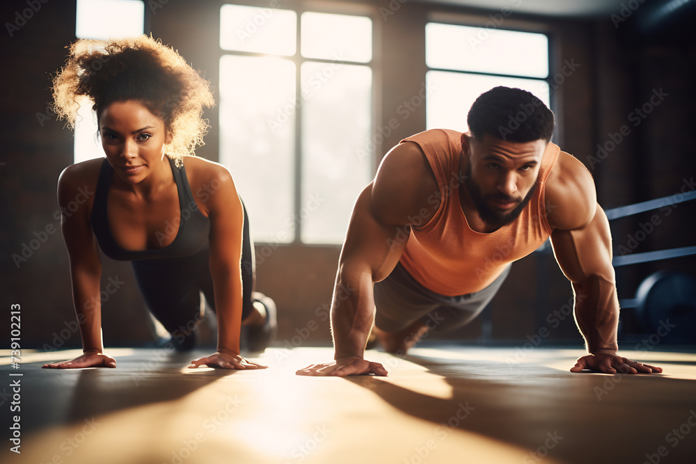 Focused Fitness Duo Performing Push-Ups in a Sunlit Gym. Strength Training and Teamwork Concept Focused Fitness Duo Performing Push-Ups in a Sunlit Gym. Strength Training and Teamwork Concept