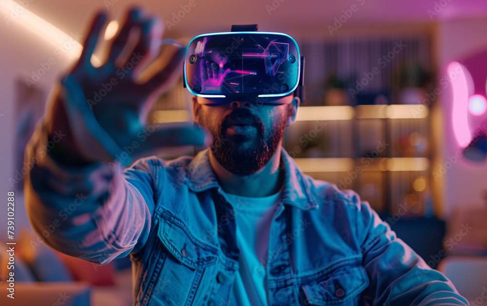 handsome man in vr glasses, playing with virtual reality headset, trying to touch something with hand handsome man in vr glasses, playing with virtual reality headset, trying to touch something with hand