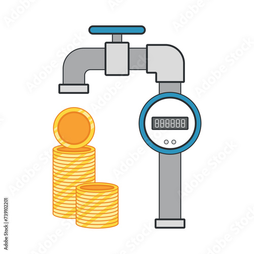 Saving cold water meter, money saved. Colored flat clip art.