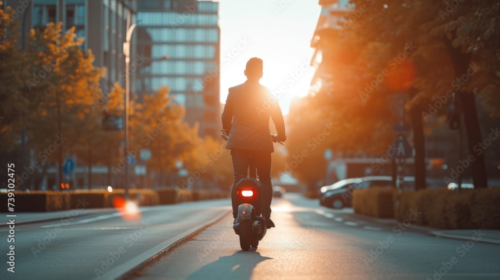 A businessman riding electric scooter on road through city and town to working A businessman riding electric scooter on road through city and town to working