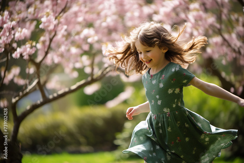 Joyful Young Girl Frolicking in Lush Spring Garden with Blooming Cherry Blossoms. Childhood Bliss