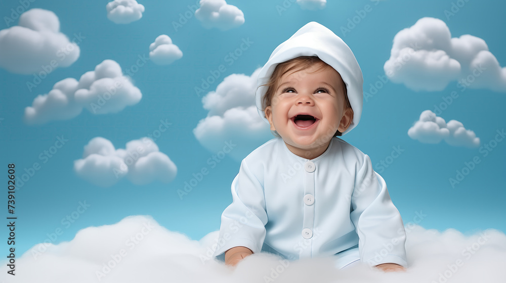 portrait of a little child wearing blue pajamas on a blue sky background with copy space. portrait of a little child wearing blue pajamas on a blue sky background with copy space.