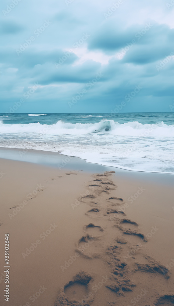Sandy beach in nasty weather with big waves, stormy sea landscape with copyspace Sandy beach in nasty weather with big waves, stormy sea landscape with copyspace